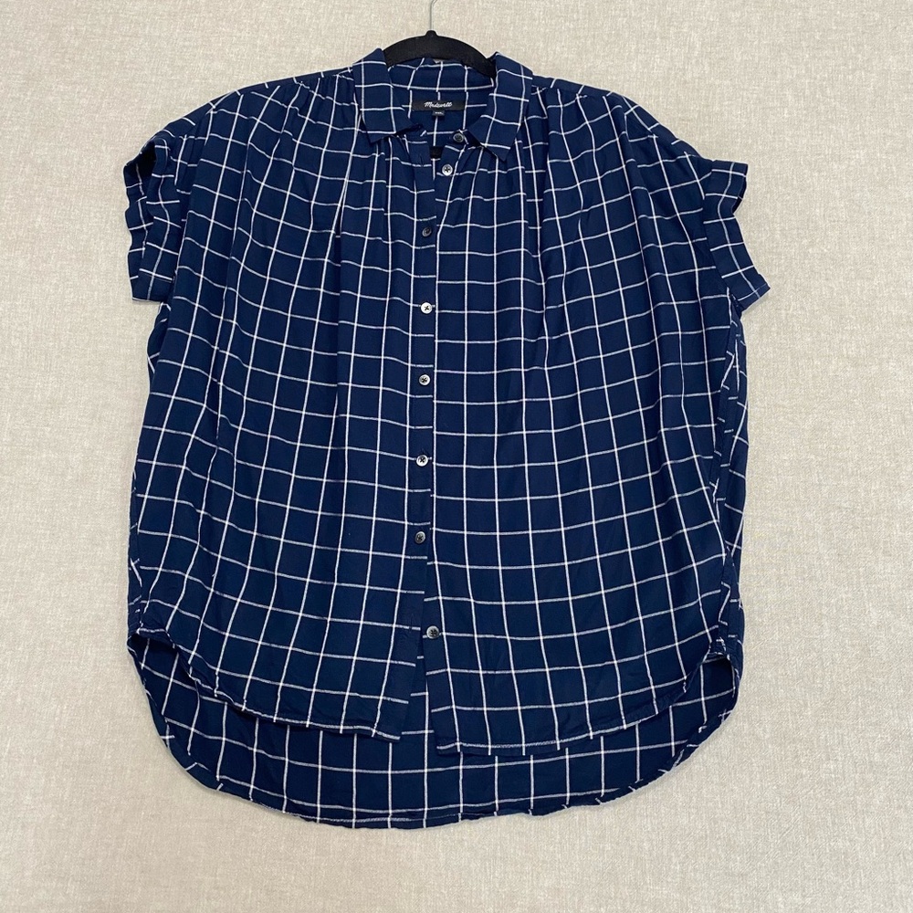 Madewell,Navy Blue Checkered Button-Up Shirt, Short Sleeve Ruched,Size SSX